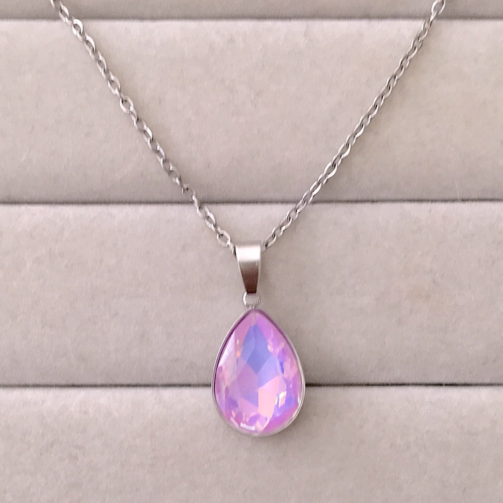 Lilac Lavender Opal Aurora Borealis + Stainless Steel Pear Crystal Drop Necklace - Picture 7 of 7